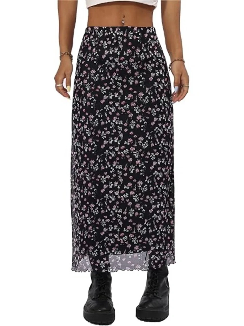 Vintage 90s/Y2K Style Floral Black Mesh Maxi Skirt with Lettuce Hem